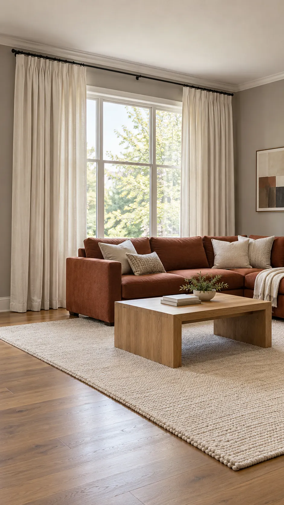 High wide full cream curtains beside rust sofa and taupe wall