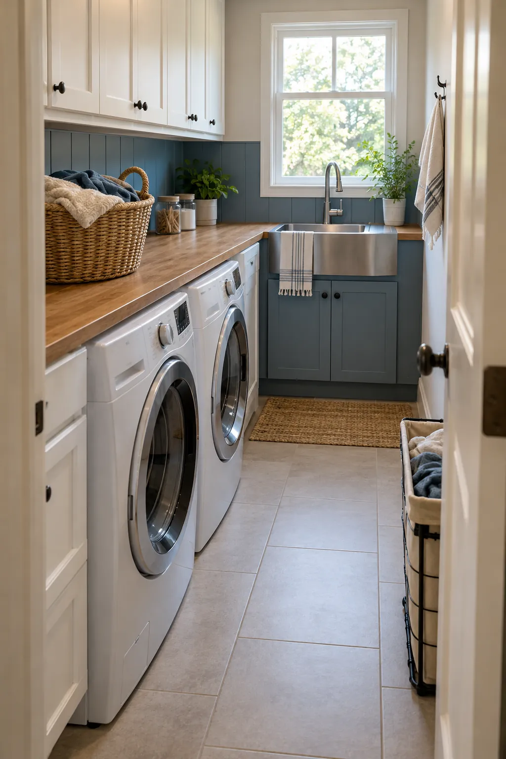 Put the Sink at the End of One Wall in a narrow laundry room with a utility sink