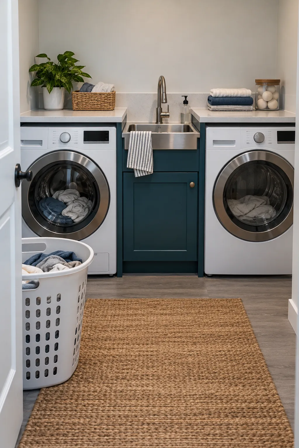 Place the Sink Between the Machines in a narrow laundry room with a utility sink