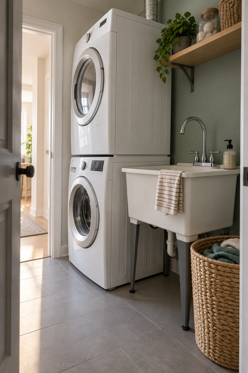 Stack the Appliances Beside the Sink in a narrow laundry room with a utility sink