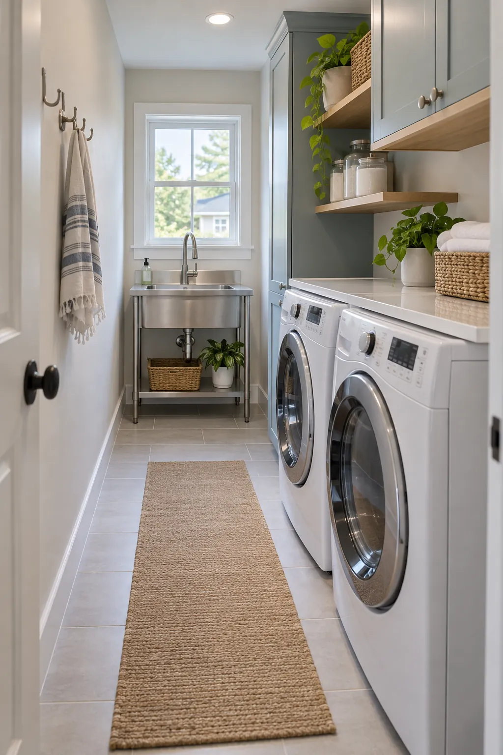 Narrow laundry room with side by side machines and a utility sink at the end