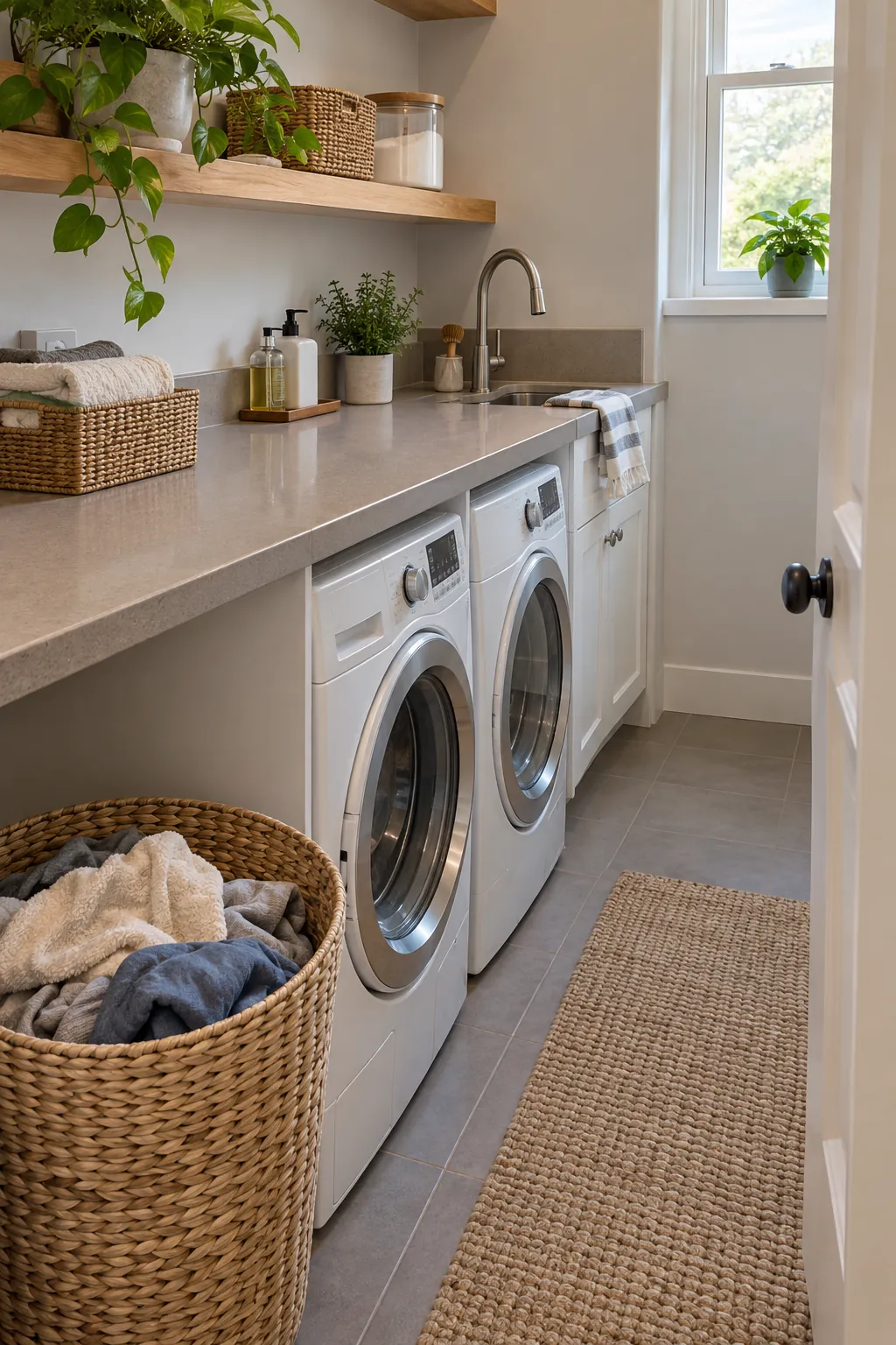 Use Compact Machines Under One Counter in a narrow laundry room with a utility sink