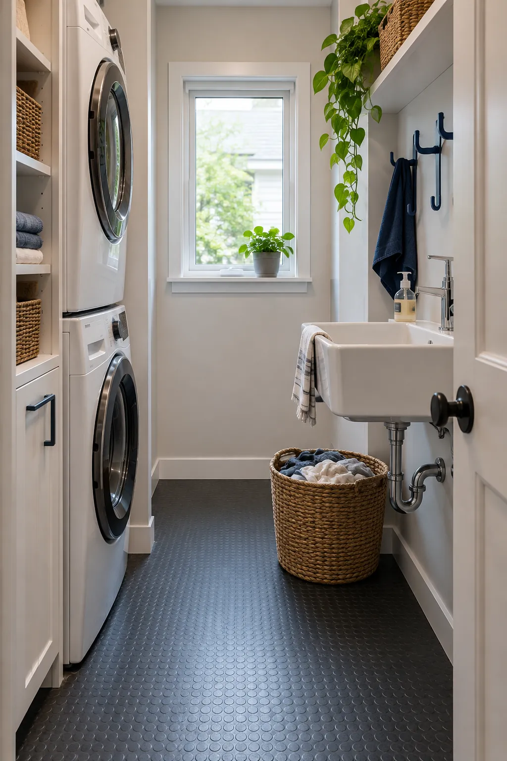 Create a Sink Station Opposite a Stacked Pair in a narrow laundry room with a utility sink