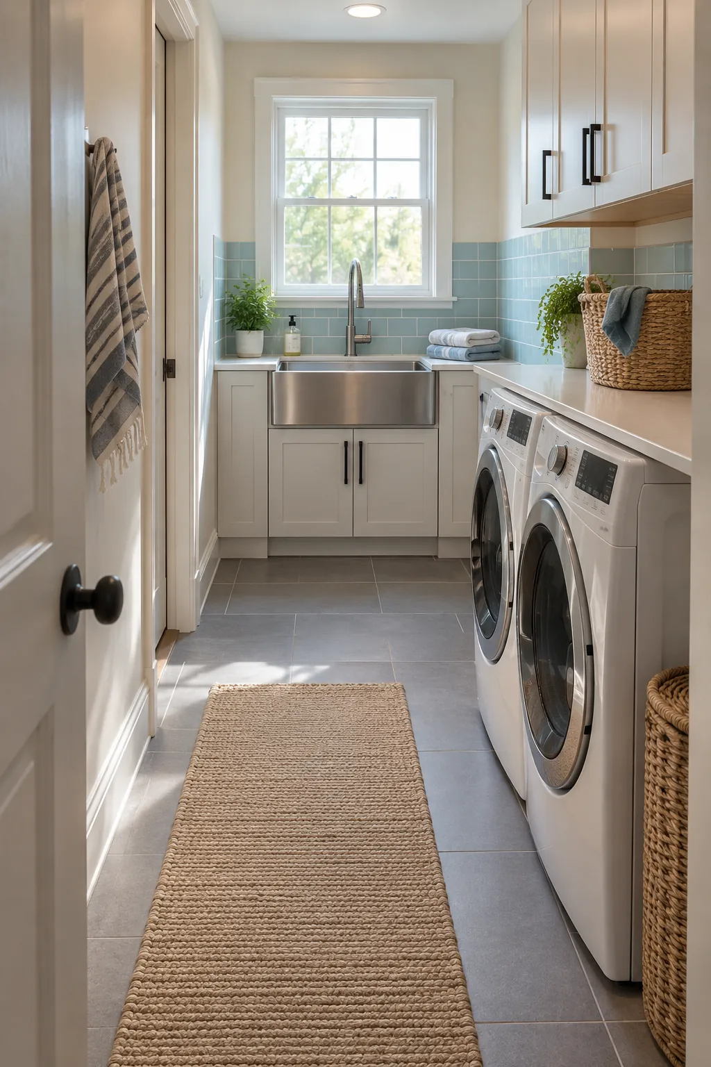 Set the Sink Across the Far End in a narrow laundry room with a utility sink