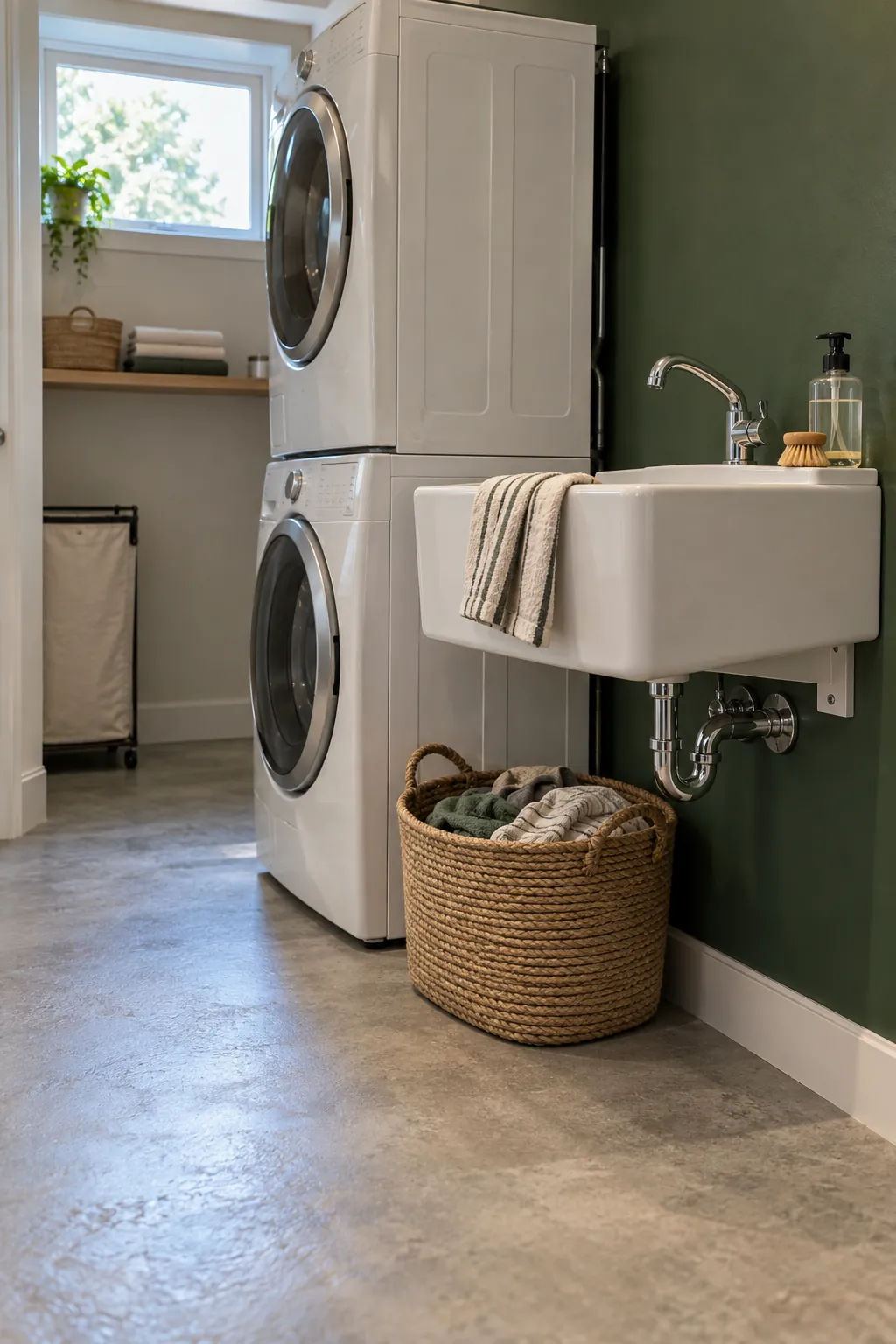 Pair a Wall Hung Sink With a Stack in a narrow laundry room with a utility sink