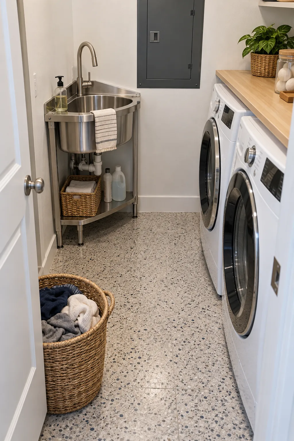 Use a Corner Sink to Protect the Aisle in a narrow laundry room with a utility sink