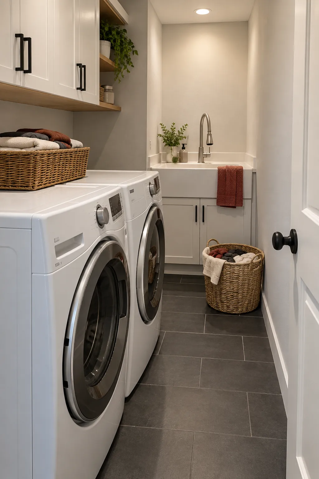 Place the Sink Beyond the Machines in a narrow laundry room with a utility sink