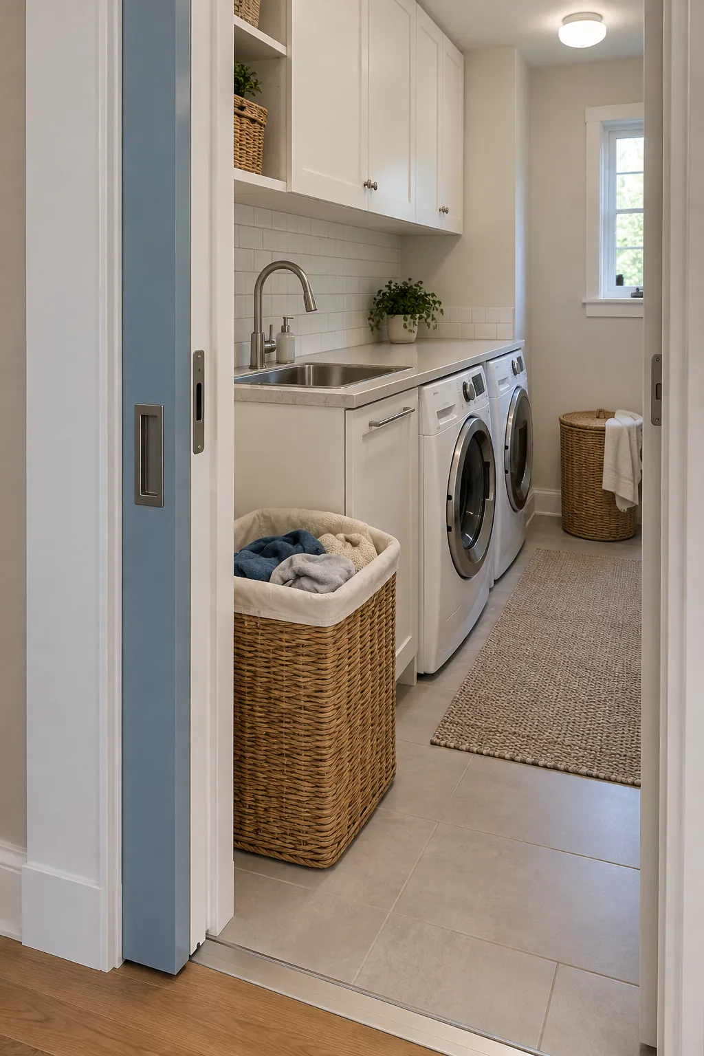 Use a Pocket Door to Recover Wall Space in a narrow laundry room with a utility sink