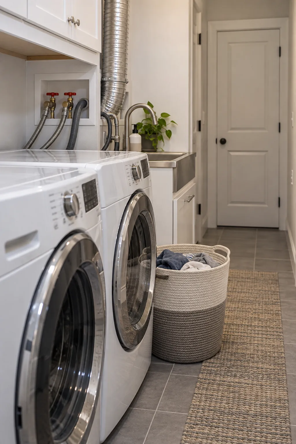 Recess Connections to Preserve the Aisle in a narrow laundry room with a utility sink
