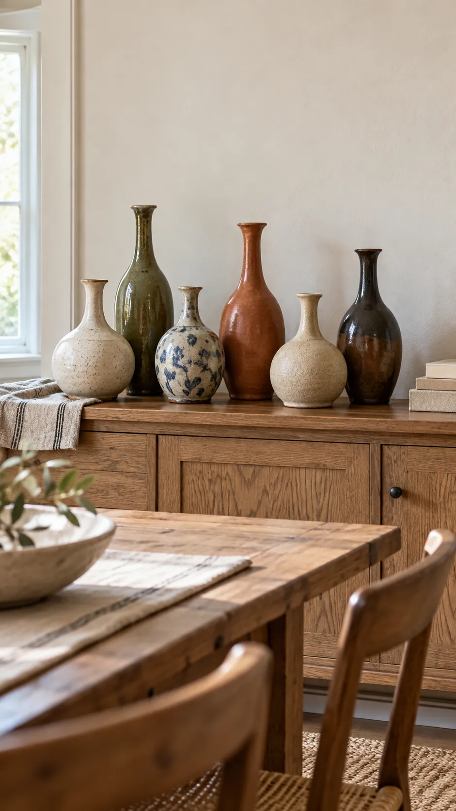 Mismatched thrifted vases unified by a repeated narrow neck shape