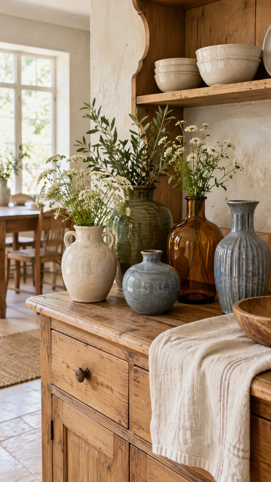 Thrifted vases edited to a cream amber moss and blue color palette