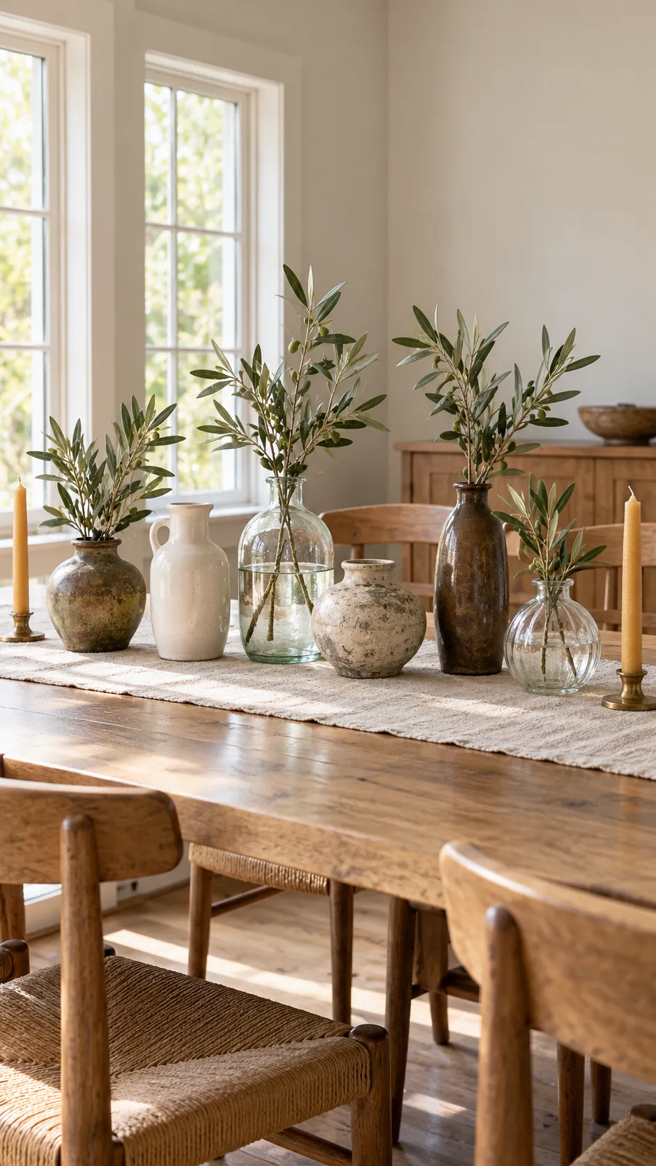 Olive branches repeated across mismatched thrifted vases