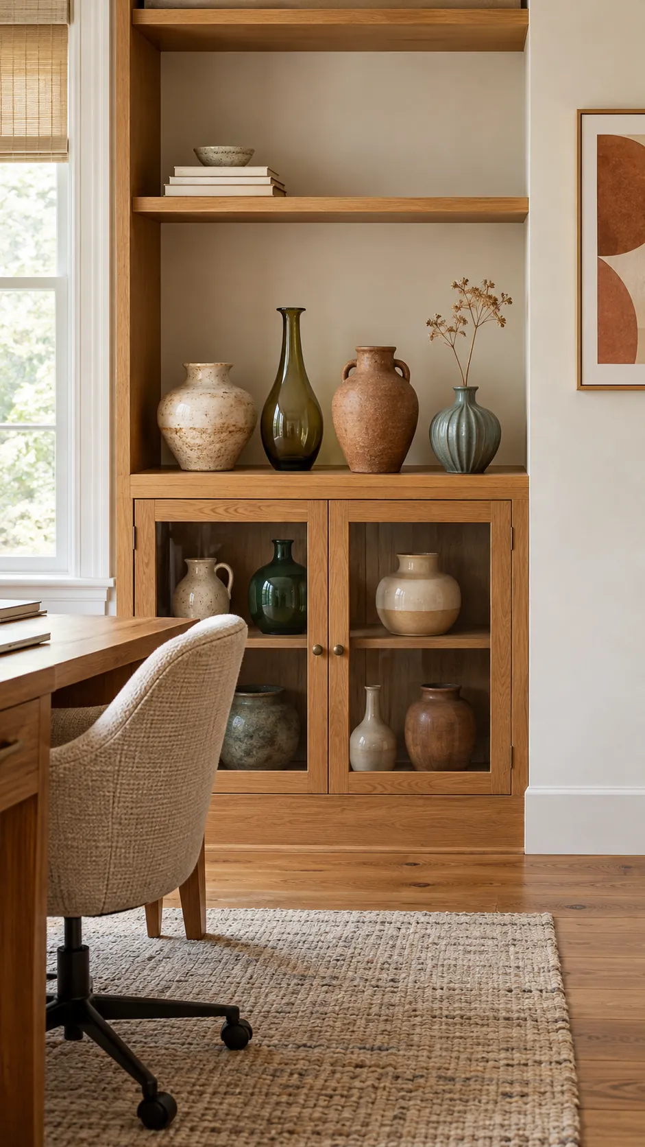 Thrifted vase display with open space and stored pieces for rotation