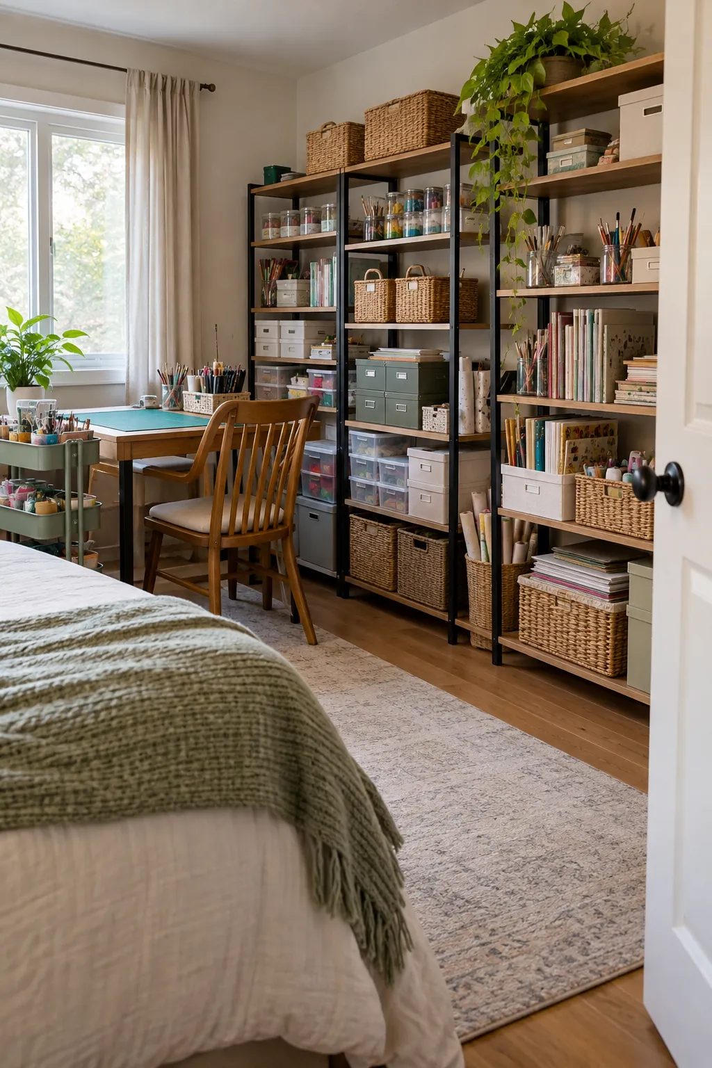 Use Freestanding Shelves as the Main Storage in a no remodel spare bedroom craft room