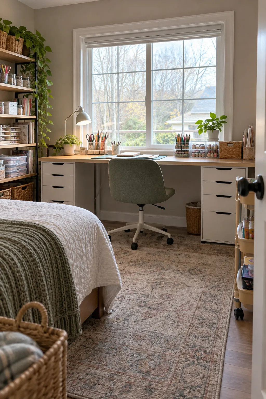 Run a Desk Across the Window in a no remodel spare bedroom craft room