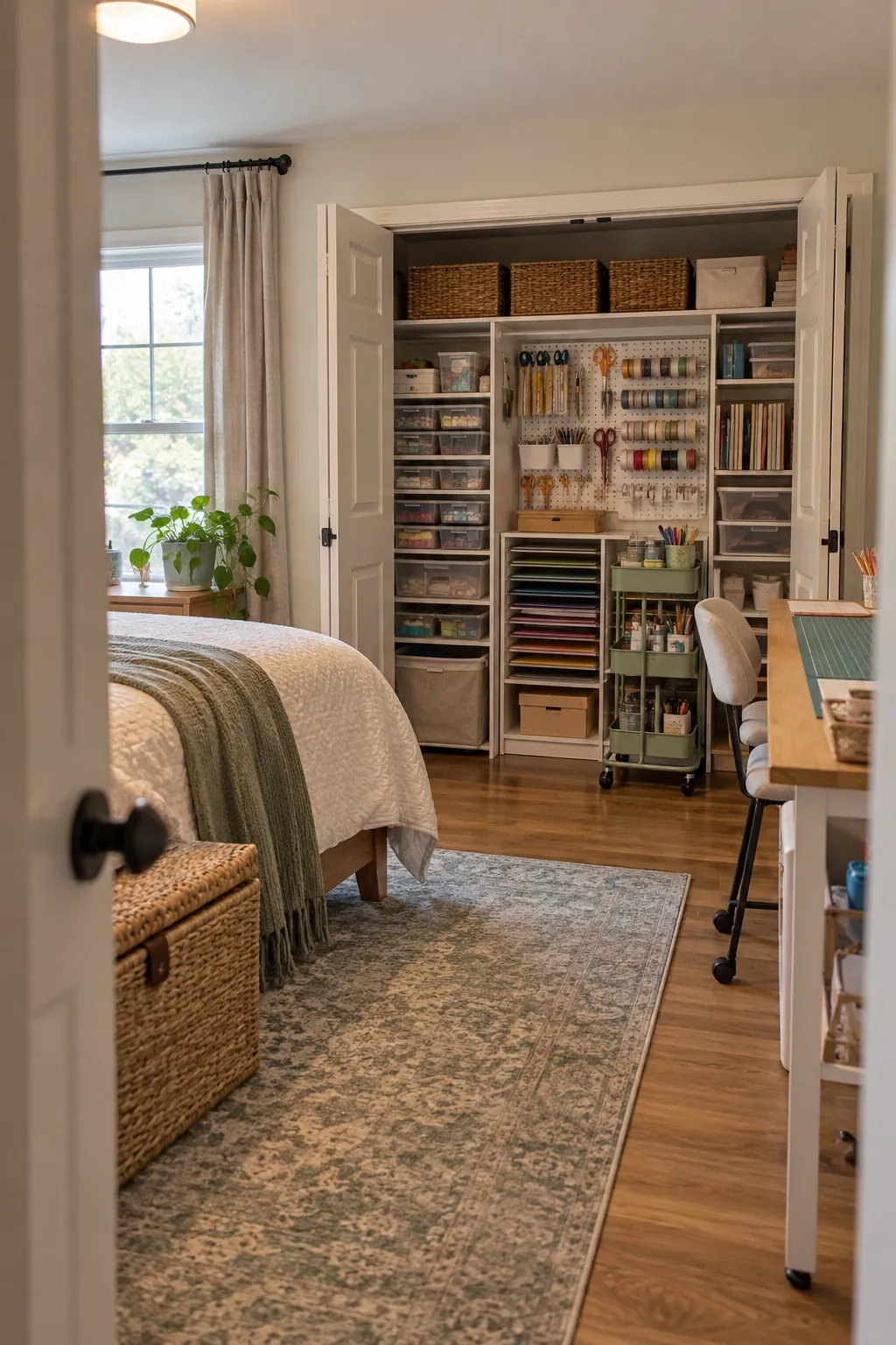 Turn the Existing Closet Into Zones in a no remodel spare bedroom craft room