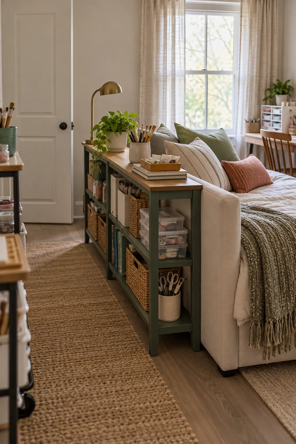Place a Narrow Console Behind the Daybed in a no remodel spare bedroom craft room