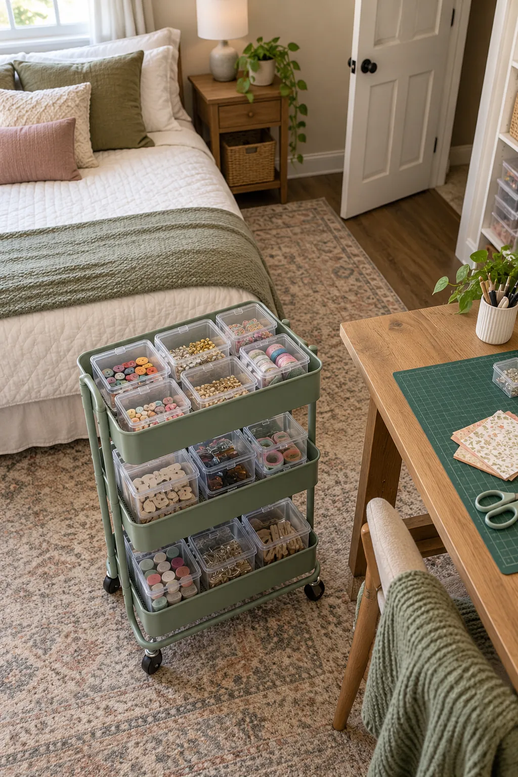 Use Clear Boxes Only for Tiny Supplies in a no remodel spare bedroom craft room