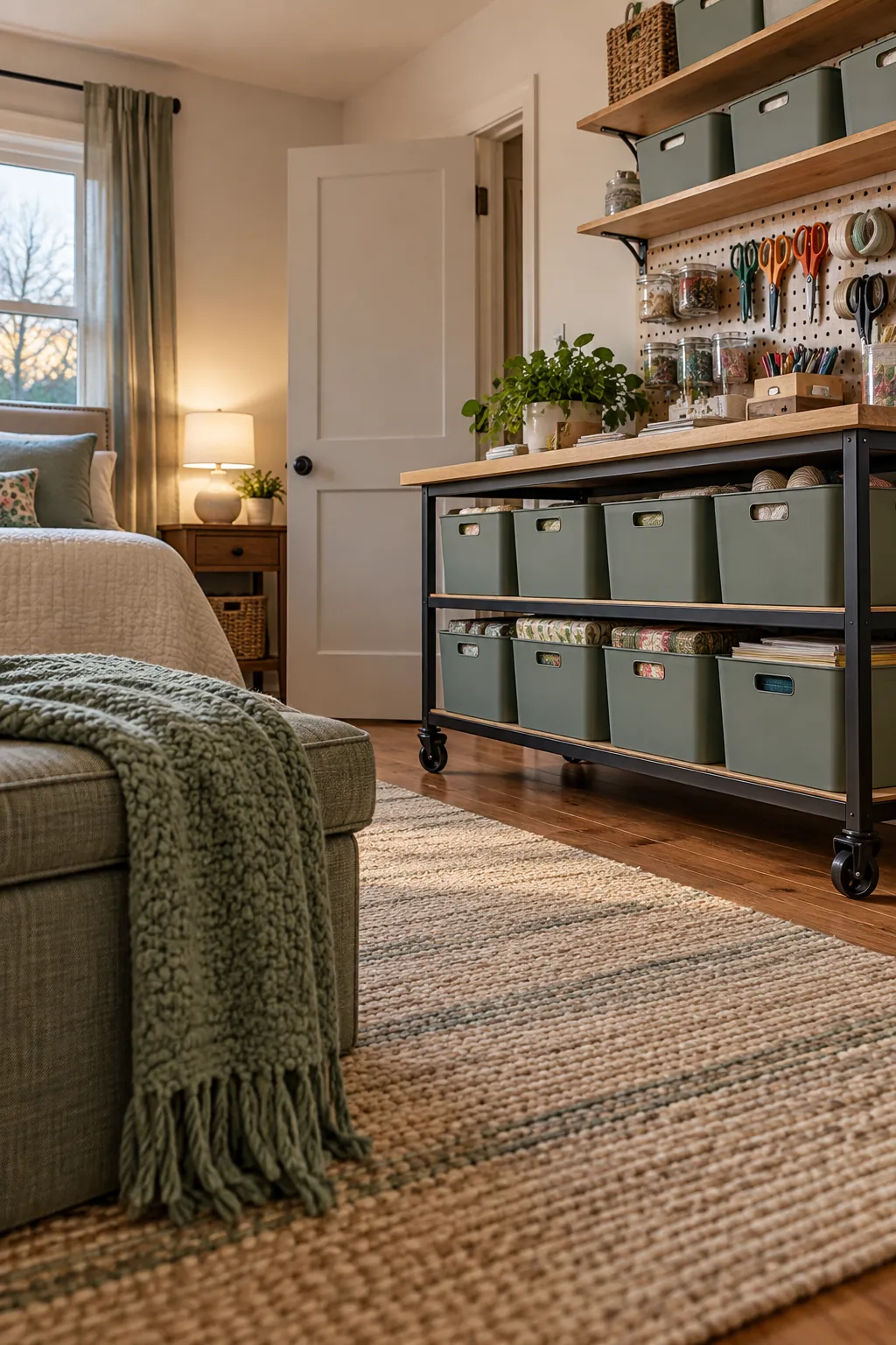 Hide Bulk Materials in Matching Bins in a no remodel spare bedroom craft room
