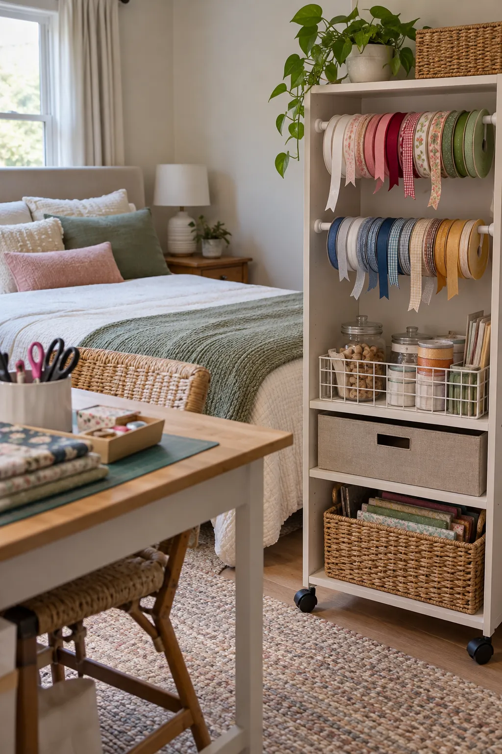 Use Tension Rods for Ribbon in a no remodel spare bedroom craft room