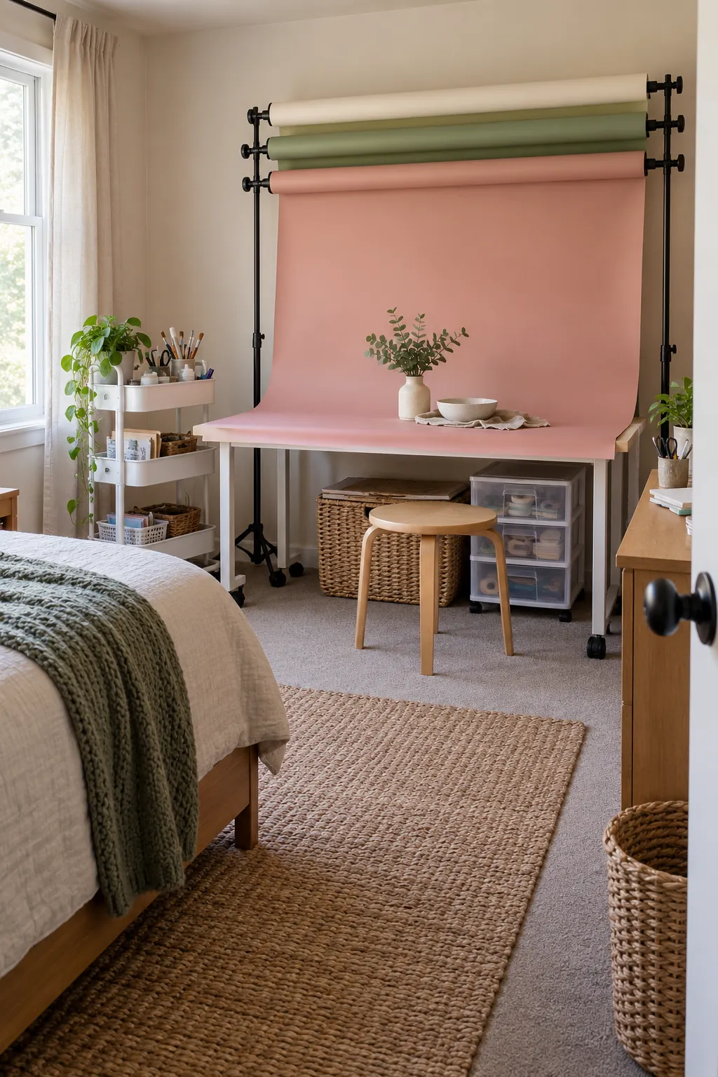 Create a Photo Backdrop With Paper in a no remodel spare bedroom craft room