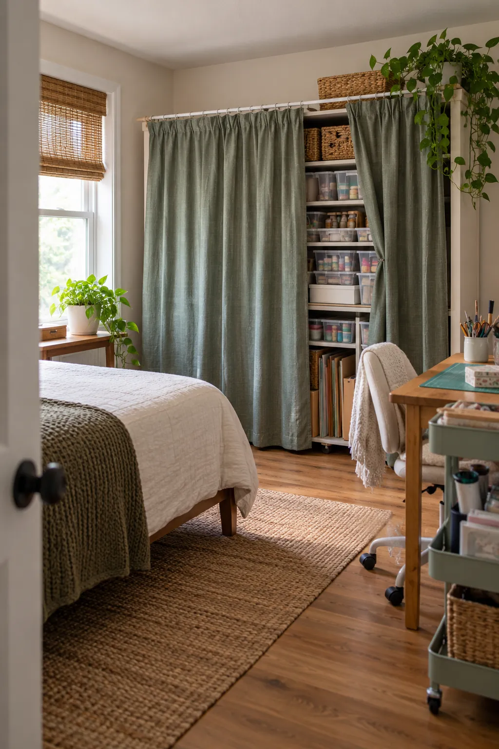 Hang a Removable Curtain Over Storage in a no remodel spare bedroom craft room
