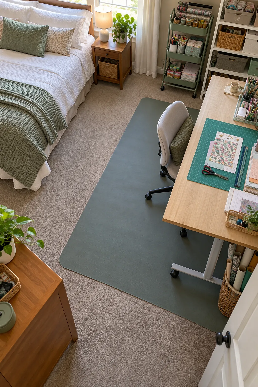 Protect the Floor With a Rollable Mat in a no remodel spare bedroom craft room