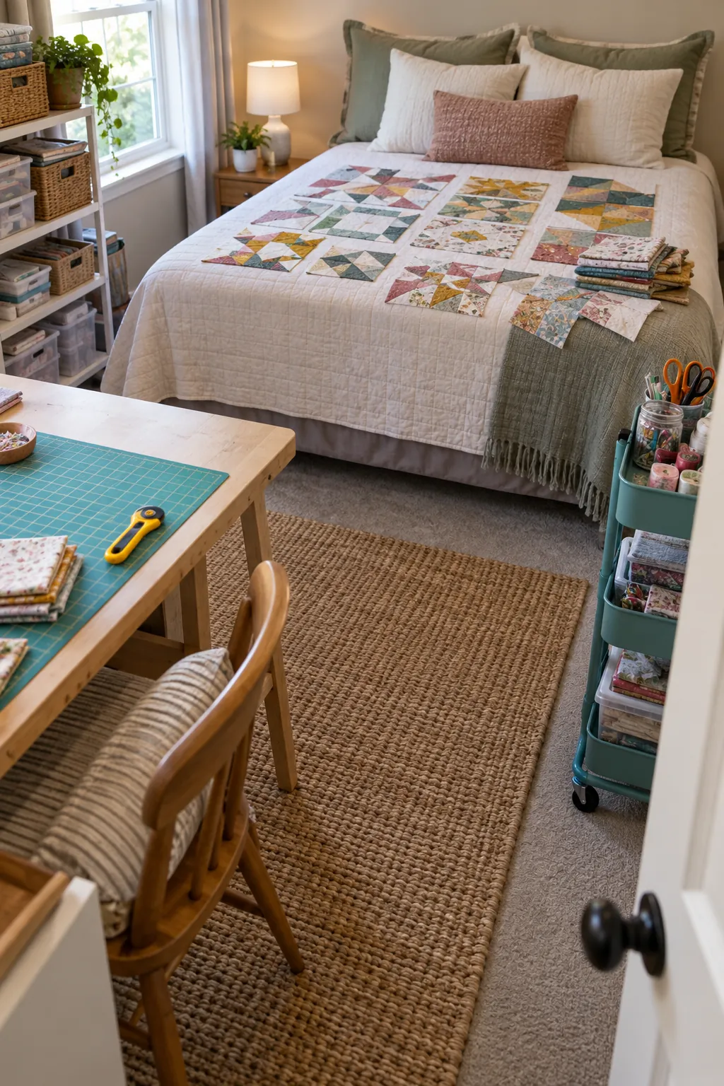 Use the Bed as a Temporary Design Wall in a no remodel spare bedroom craft room