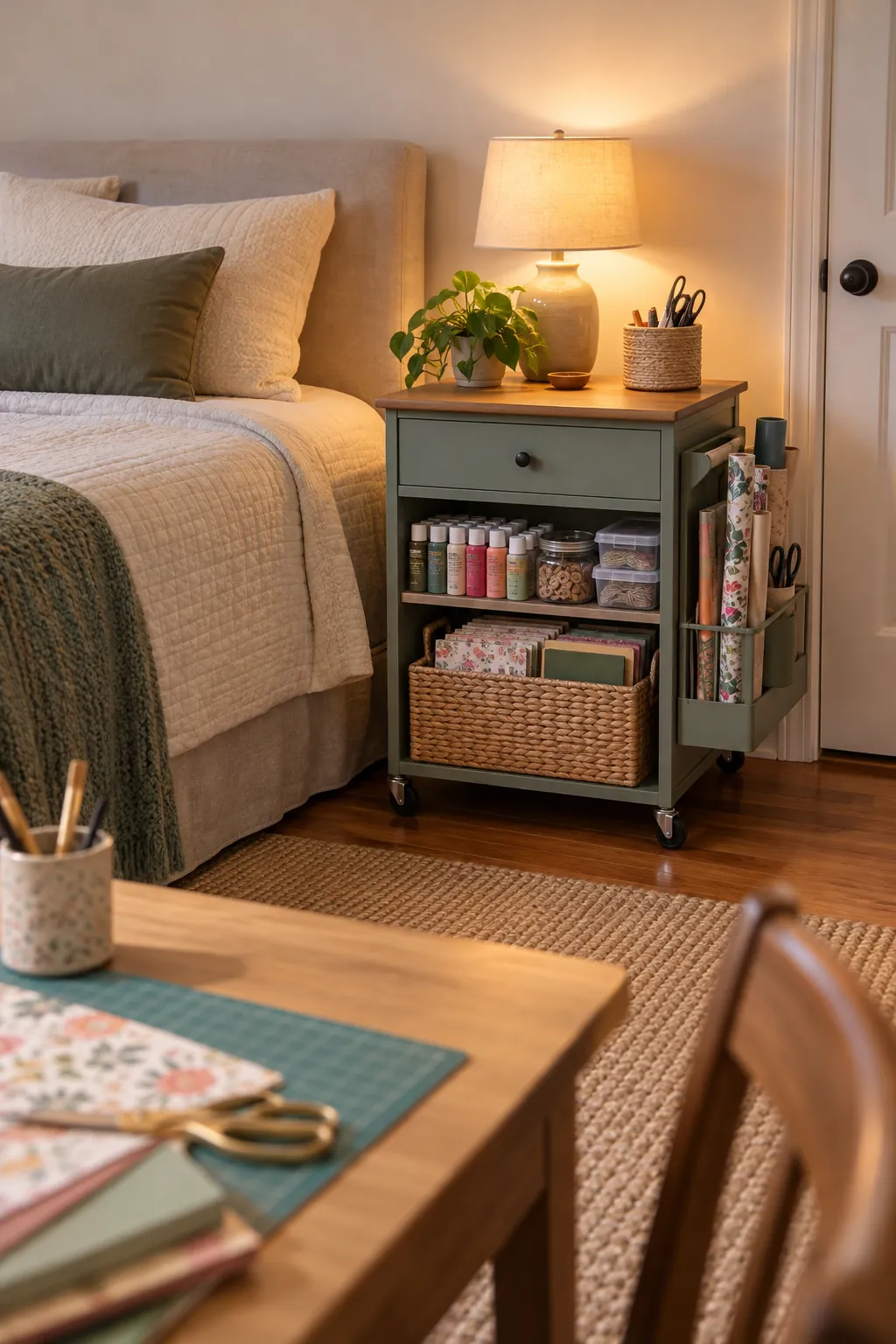 Make the Nightstand Work Twice in a no remodel spare bedroom craft room