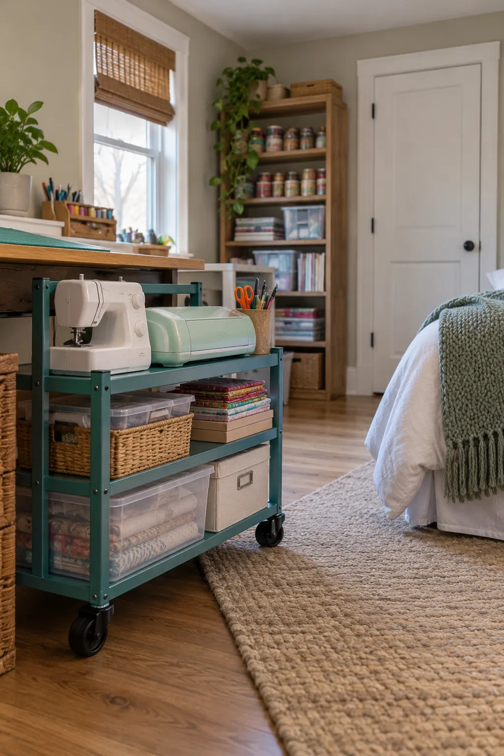Park Bulky Tools on a Low Cart in a no remodel spare bedroom craft room