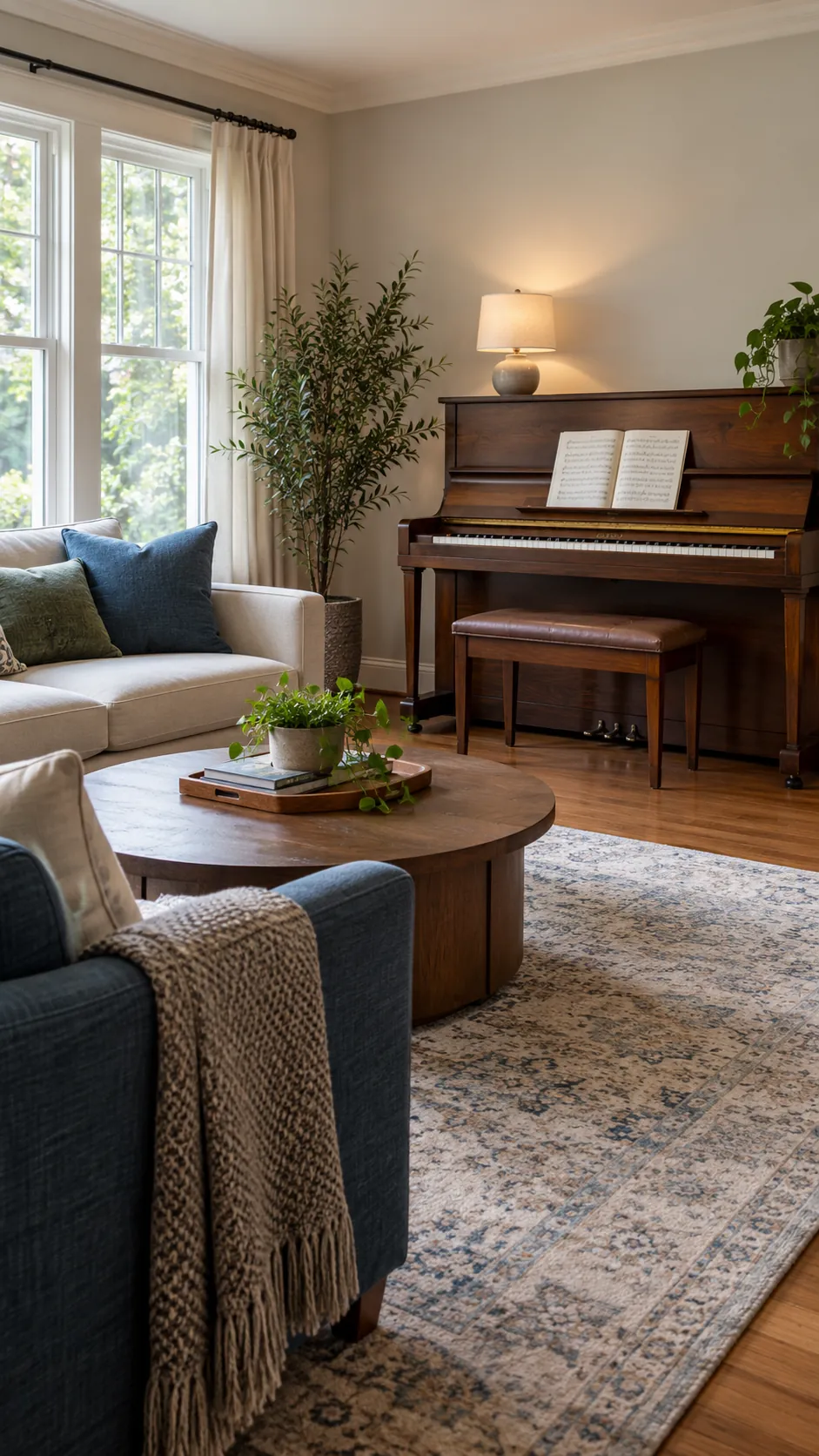 Build a Conversation Group Beside It in a balanced living room with an upright piano