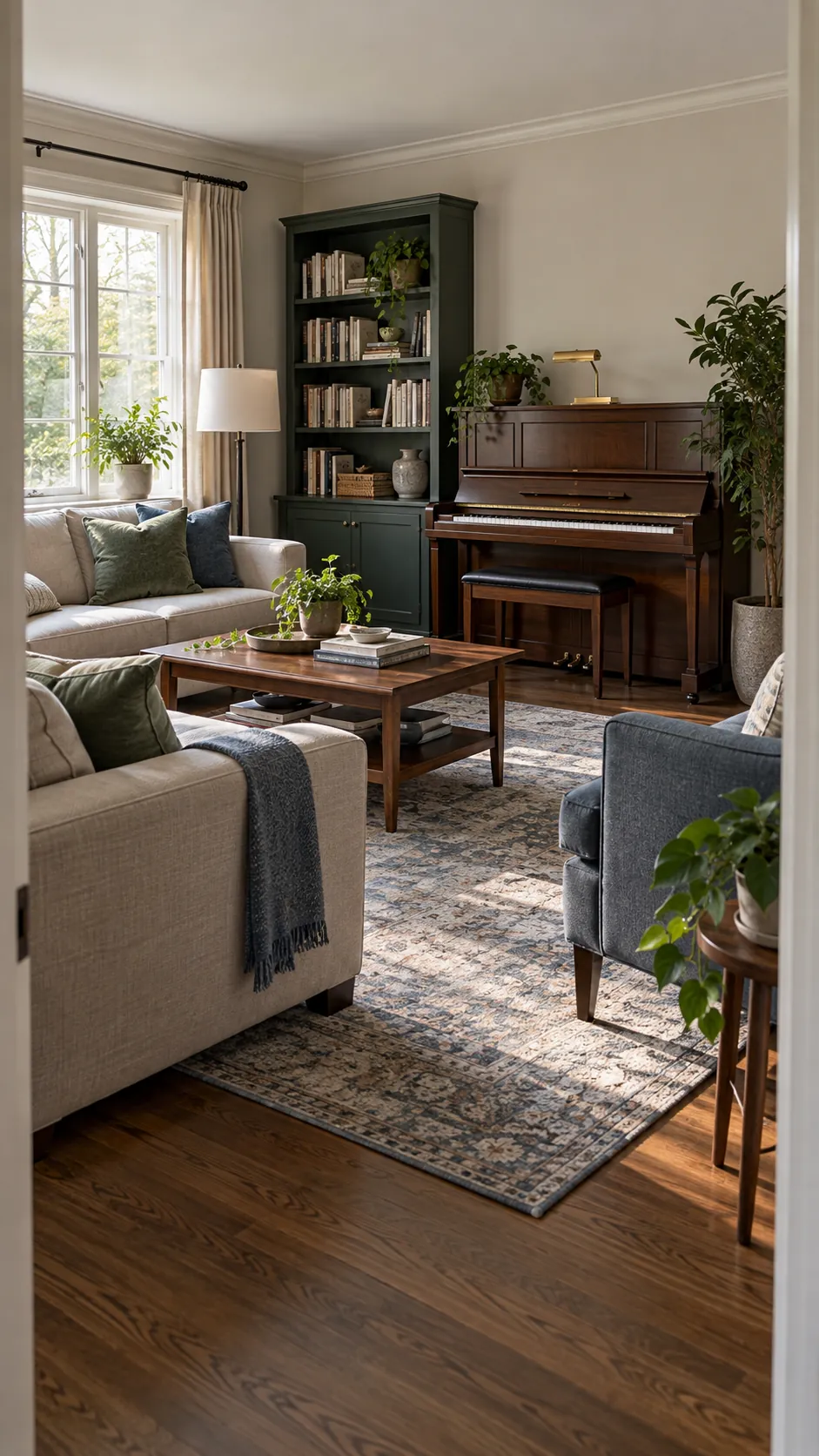 Balanced living room with an integrated upright piano