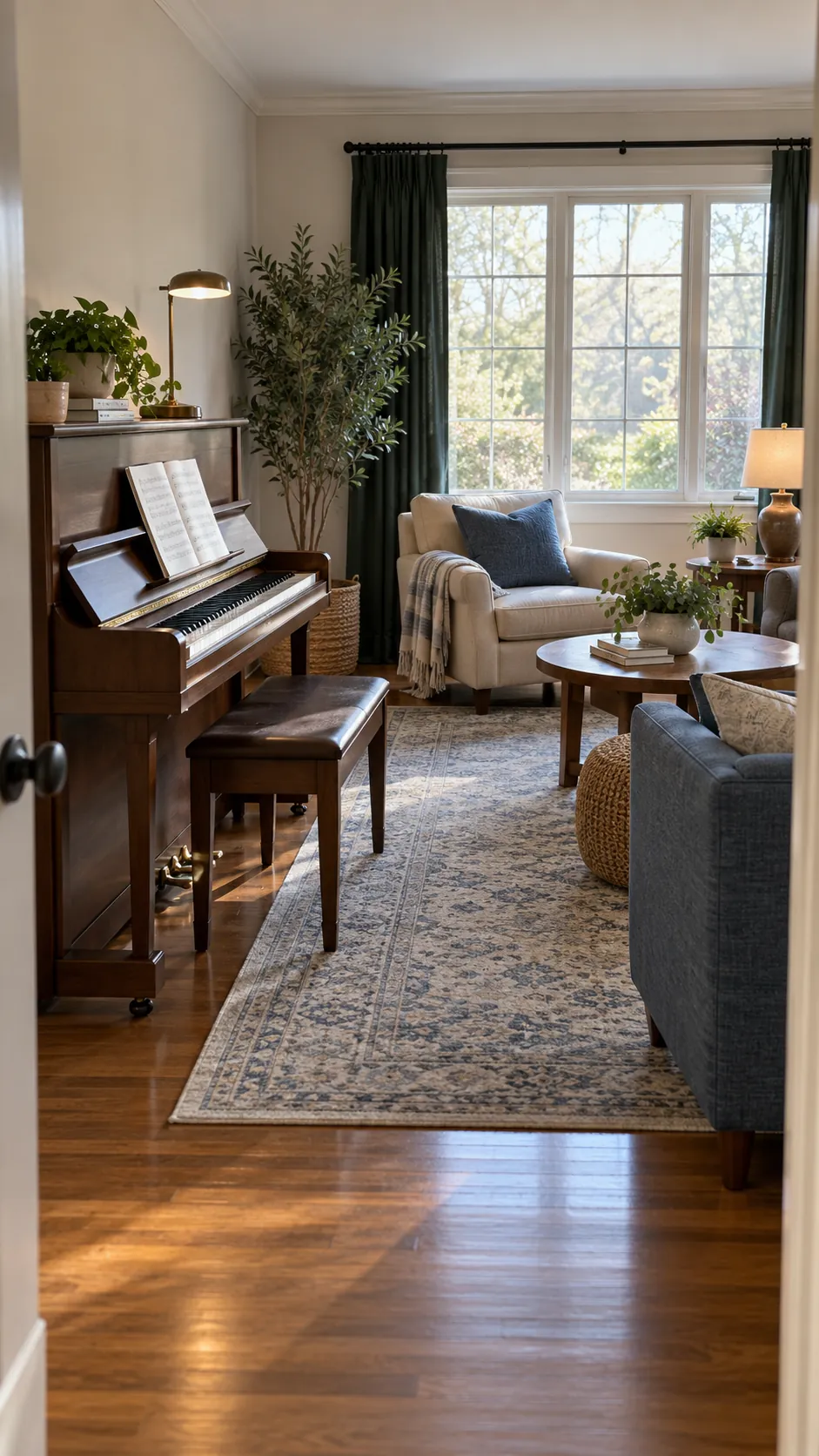Start With Sound and Climate in a balanced living room with an upright piano