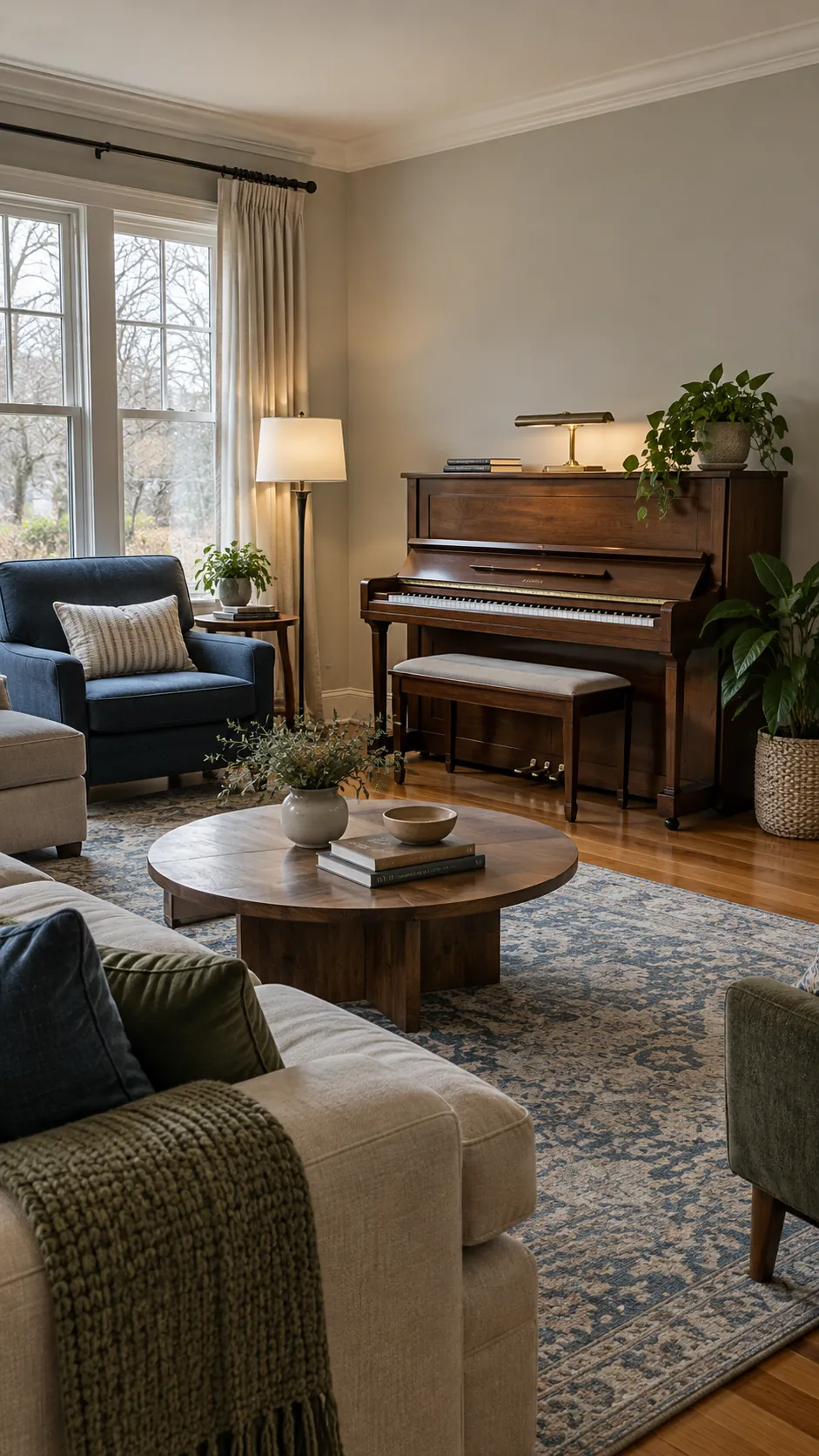 Balance Its Visual Weight Across the Room in a balanced living room with an upright piano