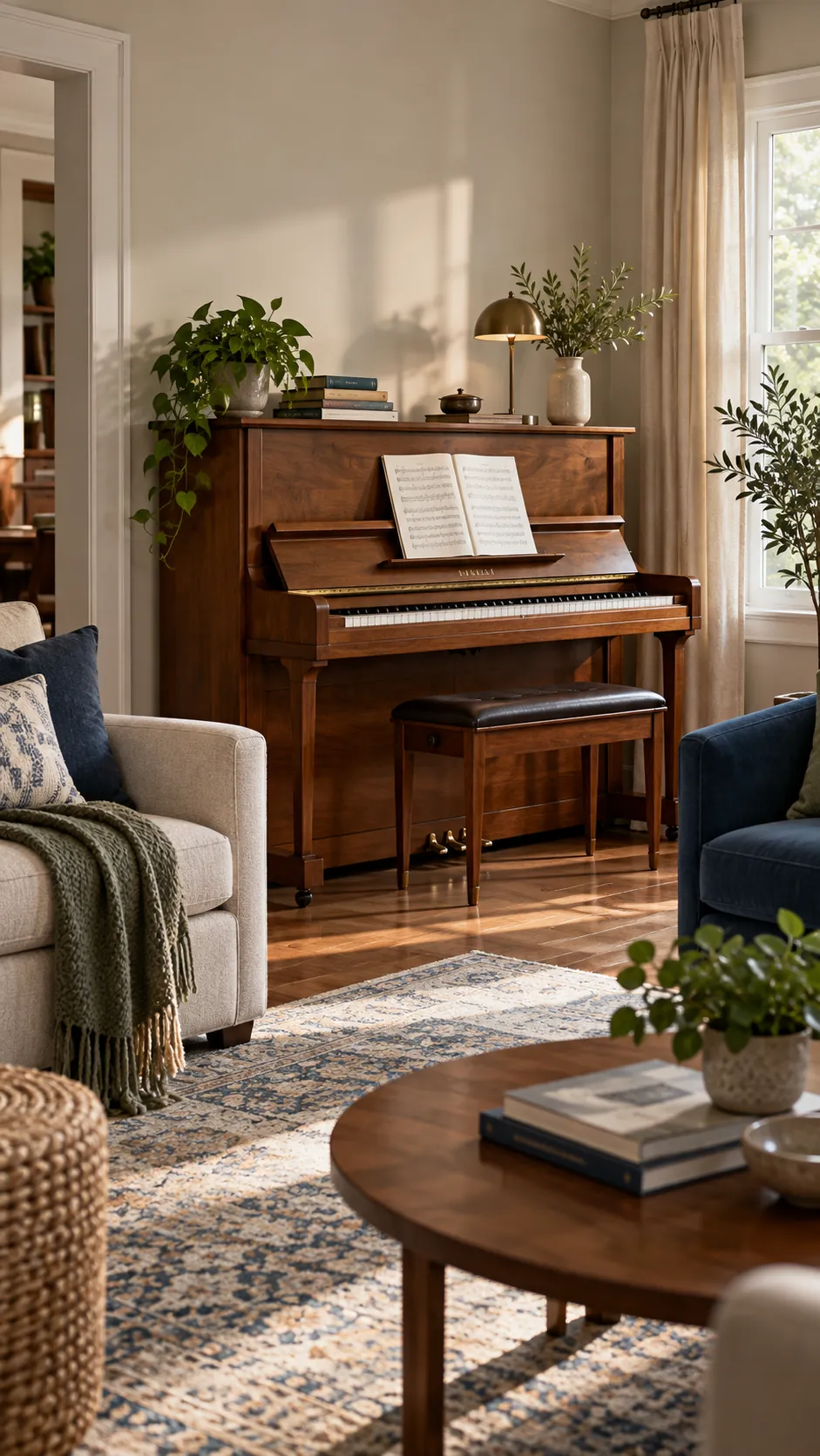 Keep the Top Quiet and Useful in a balanced living room with an upright piano