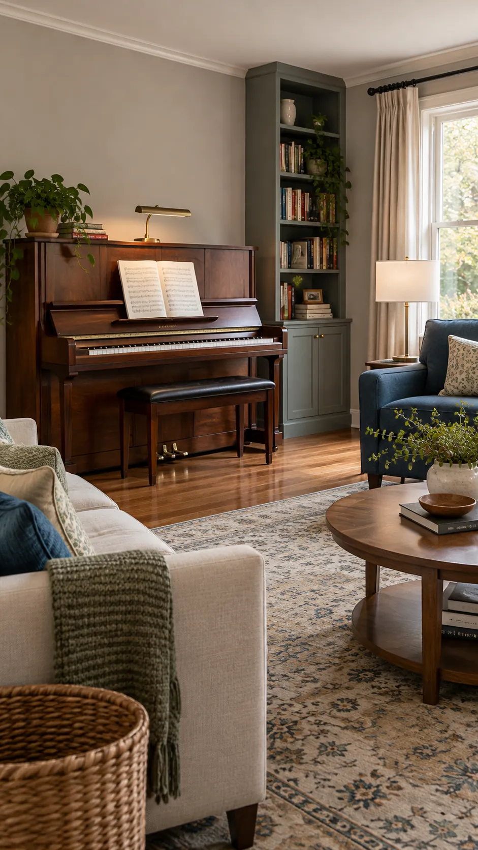 Connect the Music Corner With the Room in a balanced living room with an upright piano