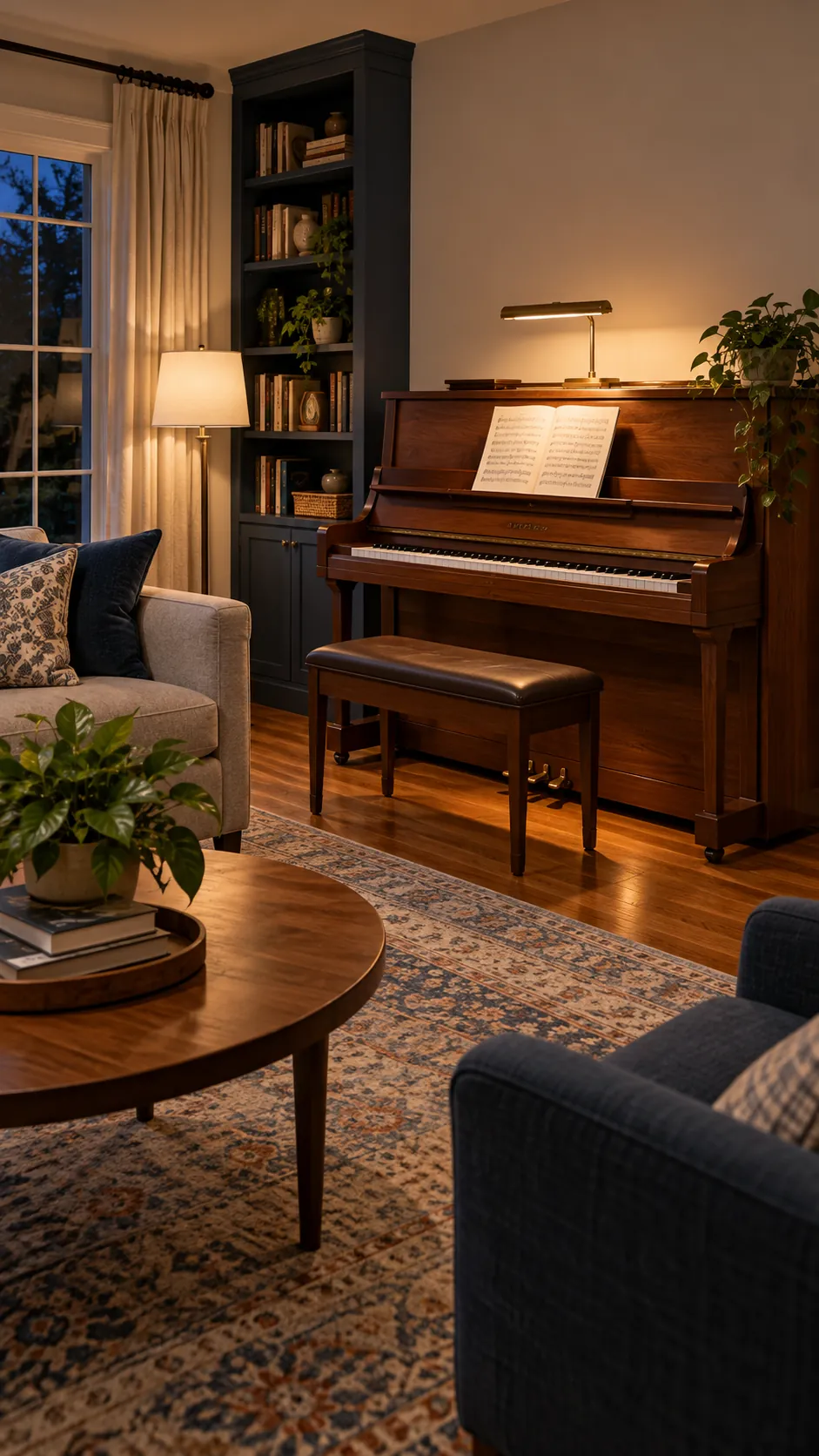 Give the Piano Its Own Light in a balanced living room with an upright piano