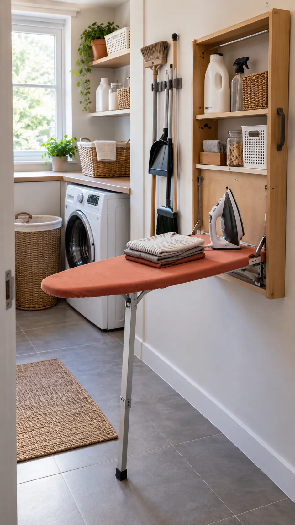 Use a Fold Down Ironing Station for organized storage in a small laundry room