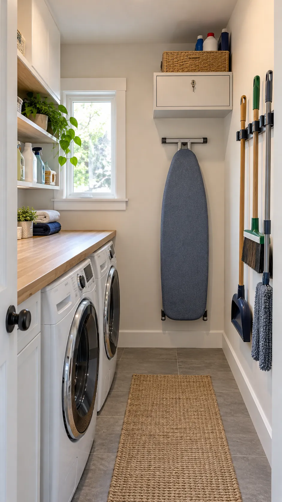 Organized small laundry room with ironing board, detergent, and brooms in separate zones