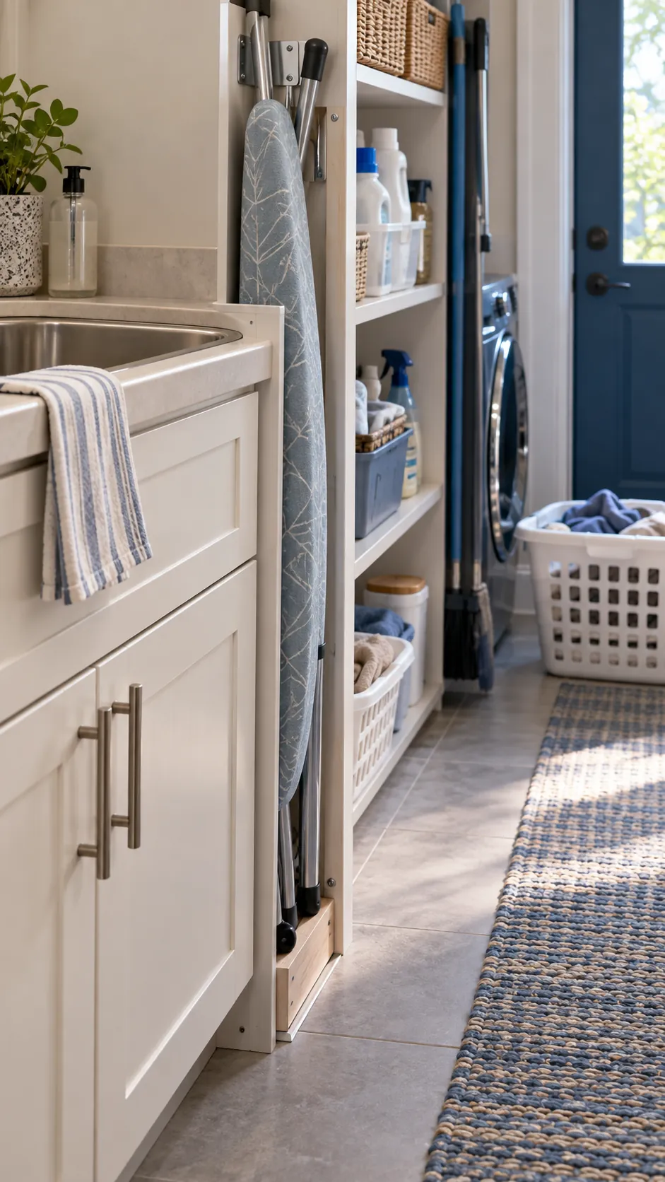 Slide the Board Beside a Cabinet for organized storage in a small laundry room