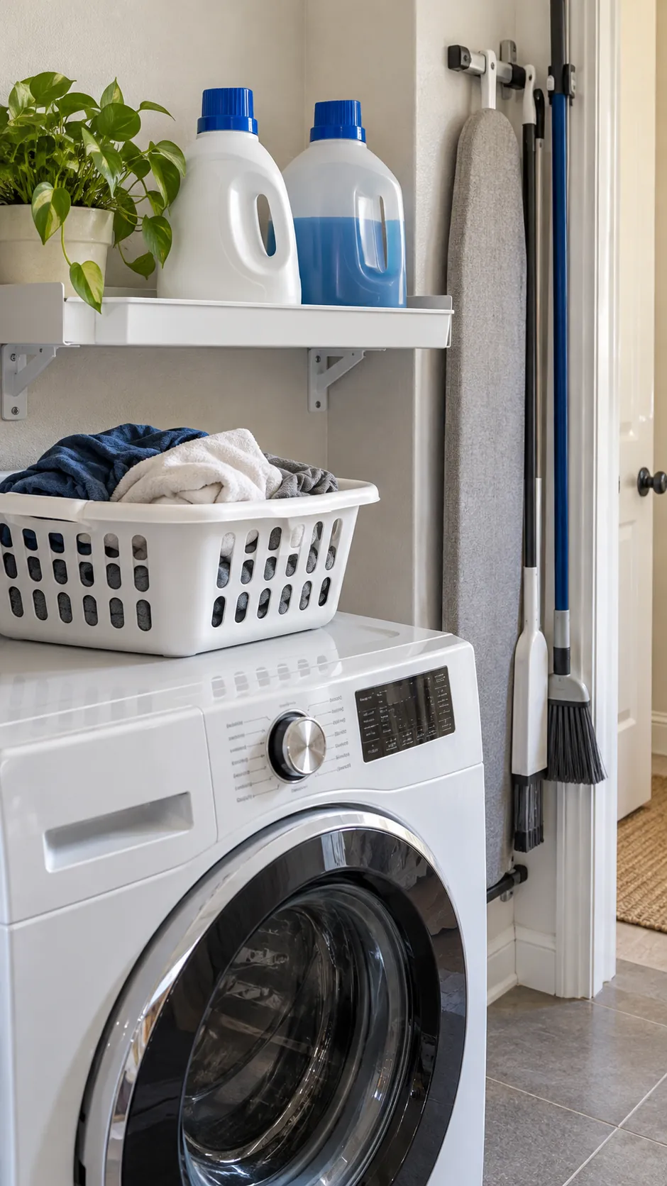 Keep Daily Detergent on a Shallow Shelf for organized storage in a small laundry room