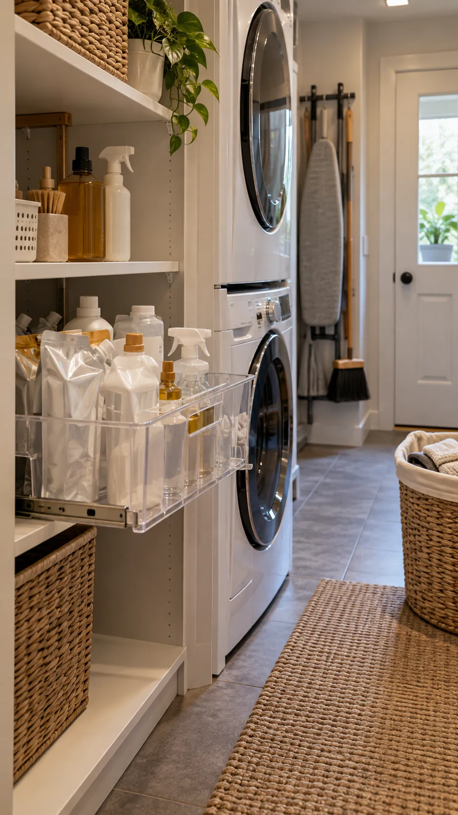 Store Refills in Pull Out Bins for organized storage in a small laundry room