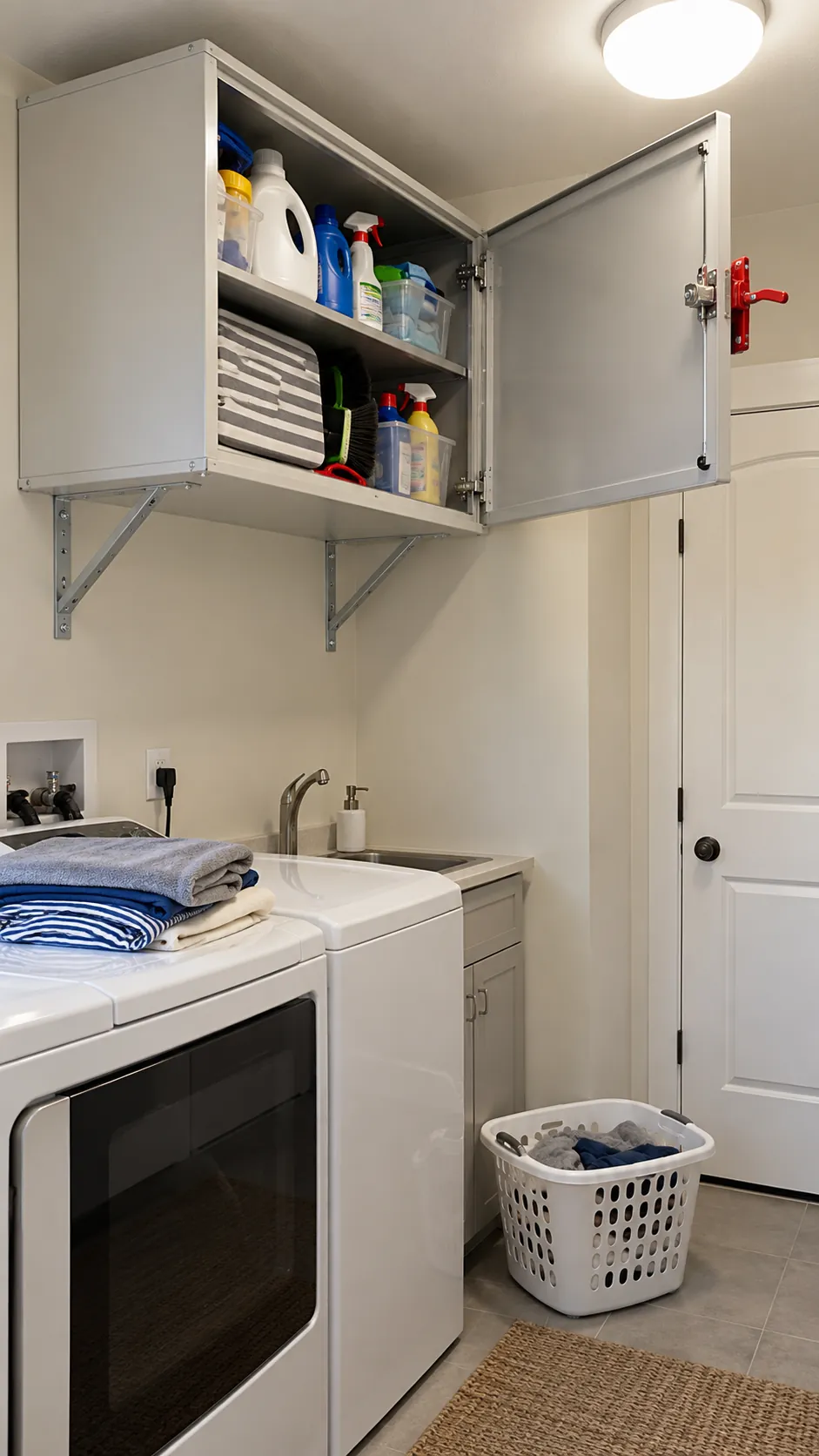 Lock Hazardous Products Up High for organized storage in a small laundry room