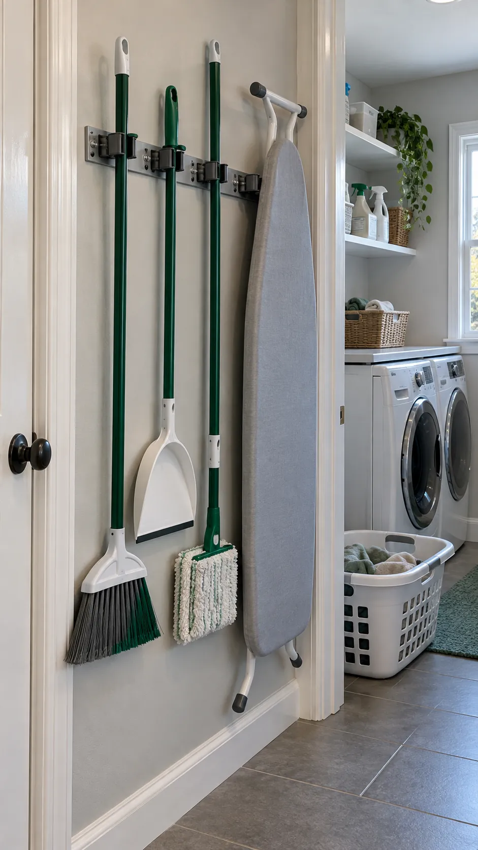 Add a Narrow Broom Gripper Rail for organized storage in a small laundry room