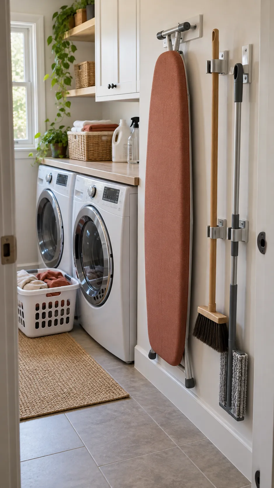 Use the Wall Beside the Machines for organized storage in a small laundry room