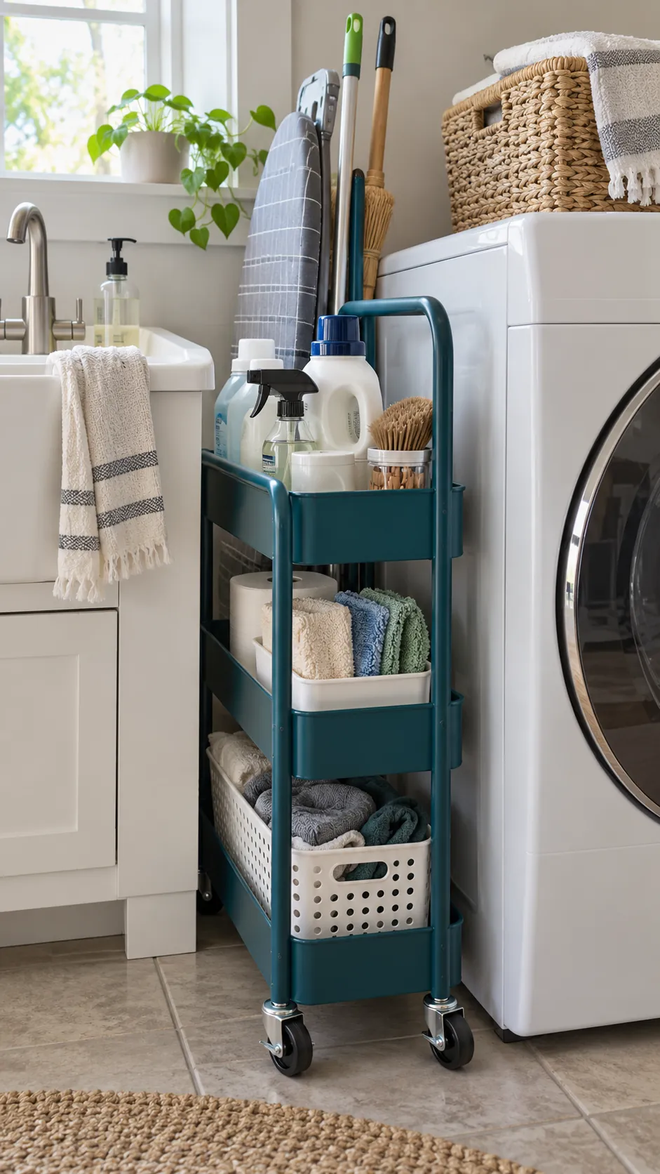 Park a Slim Rolling Cart Between Zones for organized storage in a small laundry room