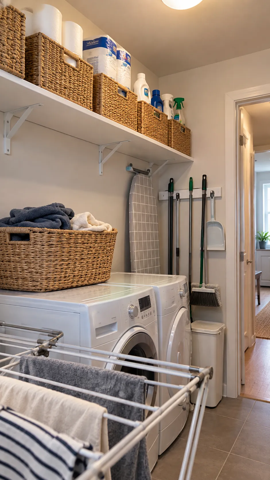 Install One High Shelf for Backups for organized storage in a small laundry room