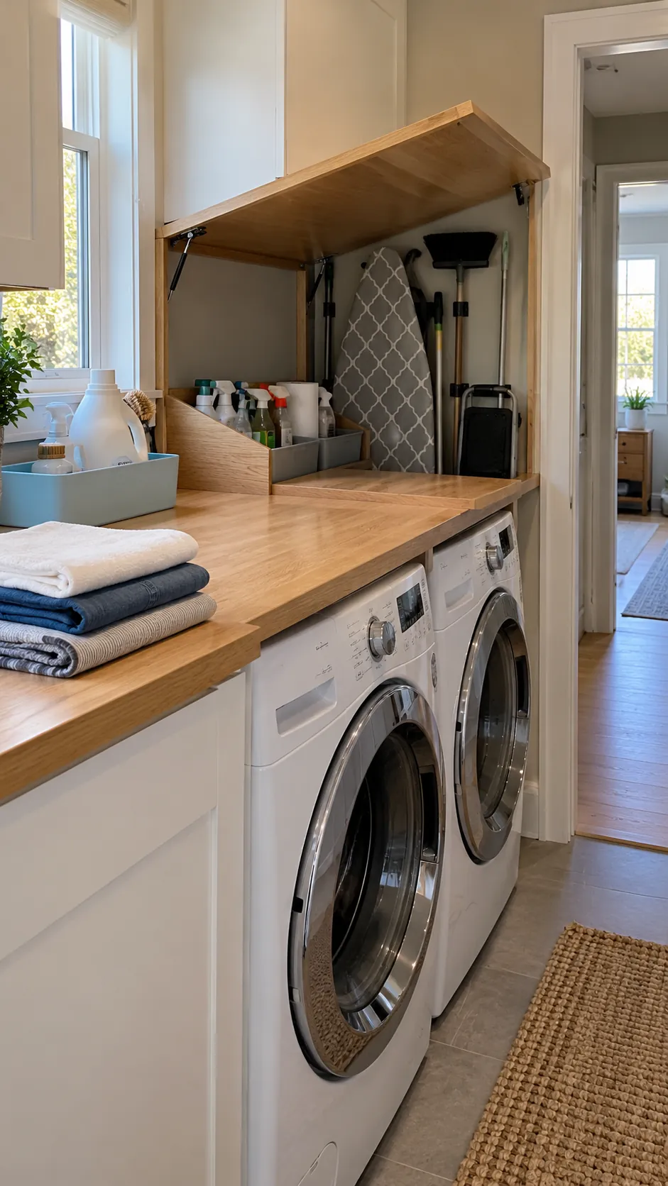 Use the Space Above Front Load Machines for organized storage in a small laundry room