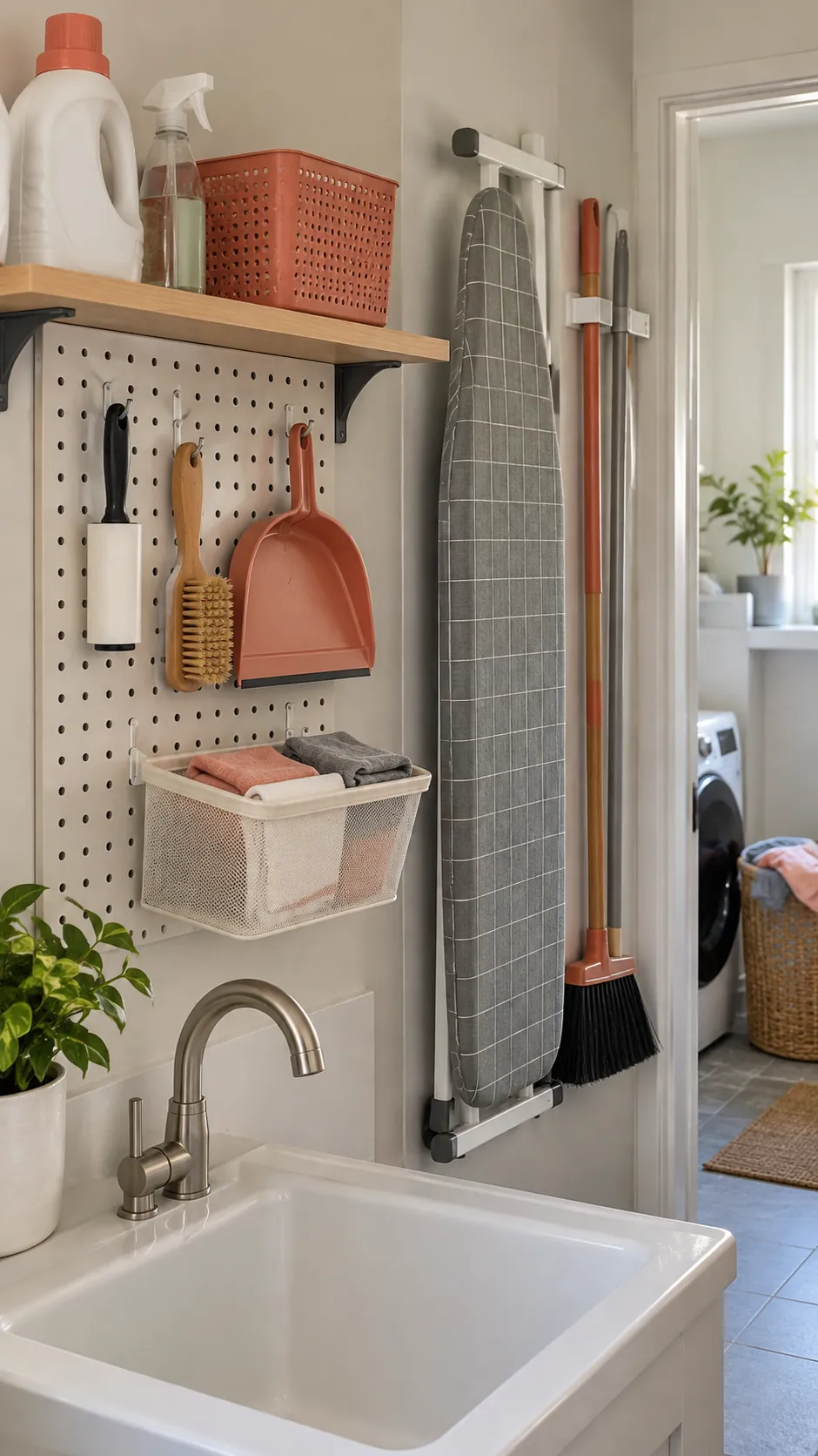 Add a Pegboard for Small Tools for organized storage in a small laundry room