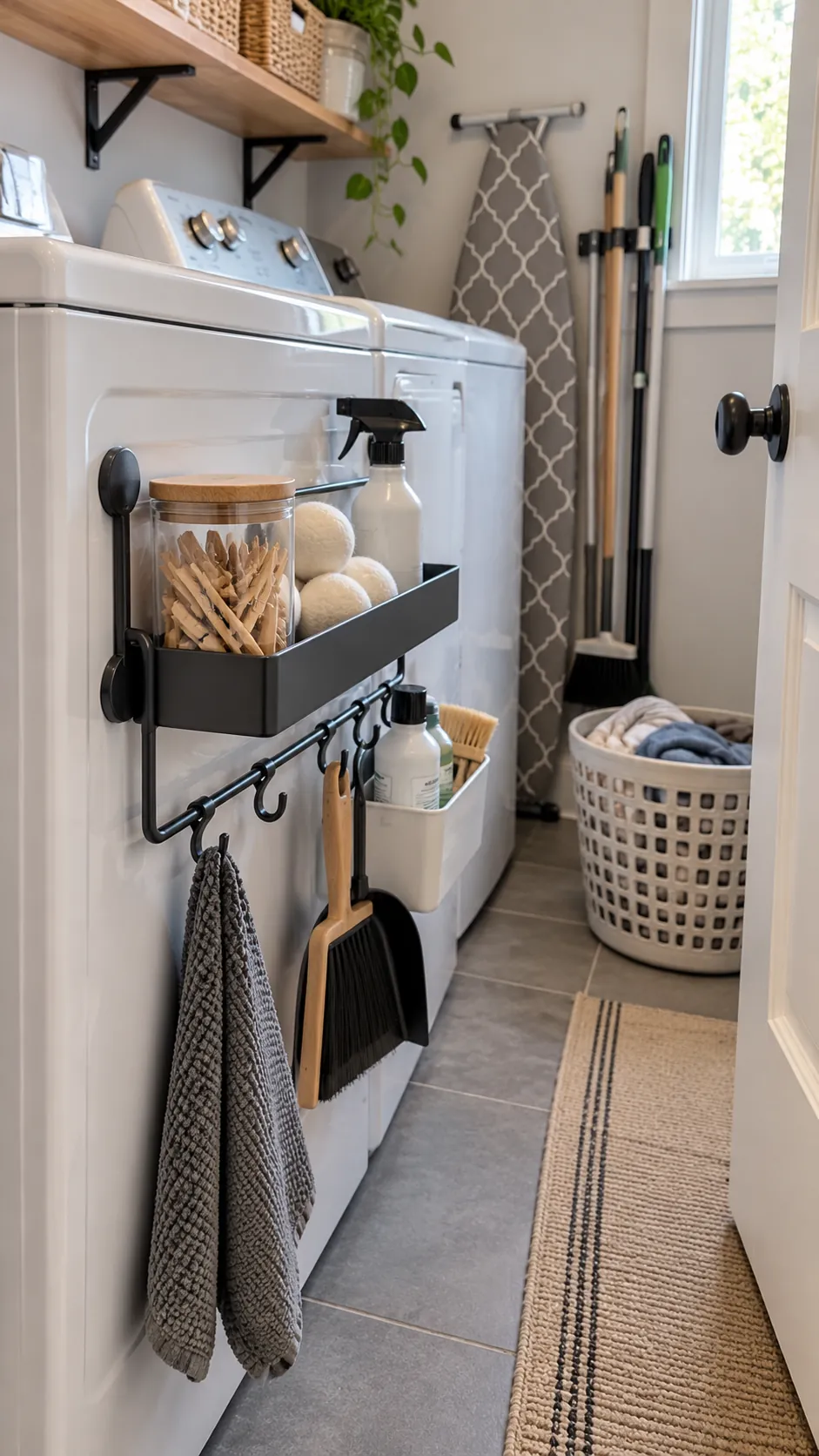 Use a Magnetic Side Rack Where Safe for organized storage in a small laundry room